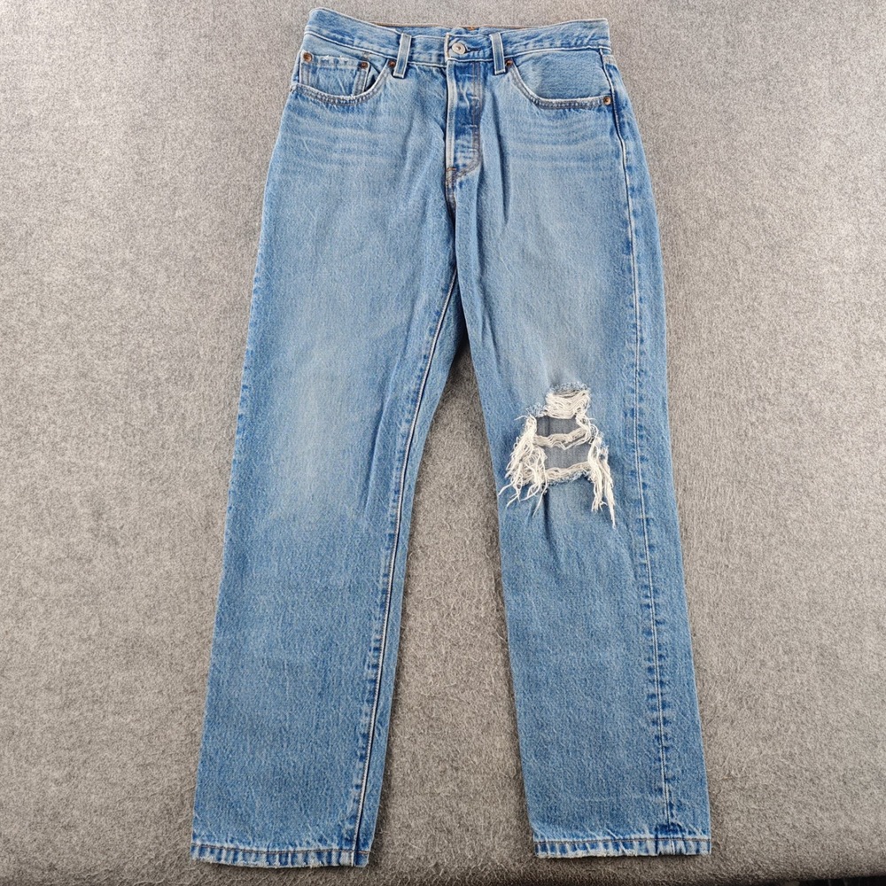 Levis 501 Original Straight Leg Jeans Womens 27x28 Blue Distressed Button Fly